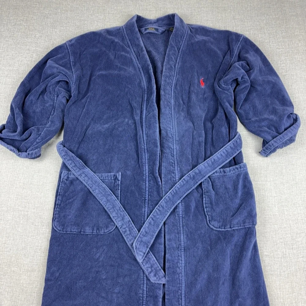 Polo Ralph Lauren Robe Mens M Blue Terry Cotton Belted Logo Bathrobe Sleepwear